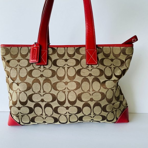 Coach Signature Tan and Red Leather Handbag Tote - Picture 5 of 8